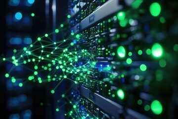 Data Center Servers Illuminated with Network Connections and Abstract Glowing Lights