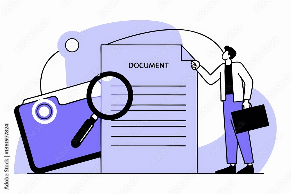 Poster a person examines a document using a magnifying glass, highlighting the importance of scrutiny in wo