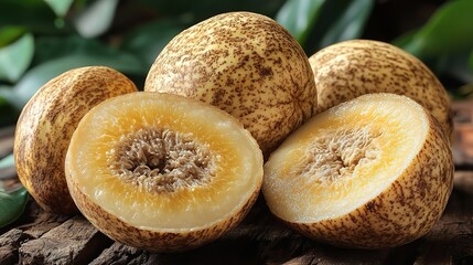 Fototapeta premium nutmeg is a genus of tropical tree resembling an orange tree native to the banda islands,whose fruit is used as a spice it is not related to nutmeg except in name it grows in the caribbean regi