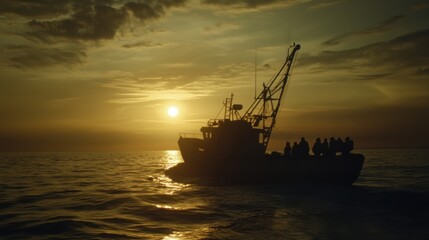 Fishing boat silhouette at sunset over calm ocean waters