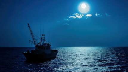 Obraz premium Fishing Boat Silhouette Under Full Moonlight on Calm Ocean Water