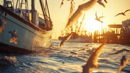 Obraz premium Golden Sunset Over Fishing Boat with Seagulls in Ocean Waters