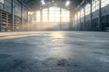 Sunbeams Illuminating Empty Industrial Warehouse Floor