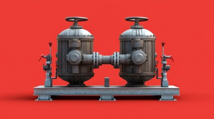 Fototapeta premium A wastewater pump with metallic highlights and reinforced valves, positioned on a high-impact red background