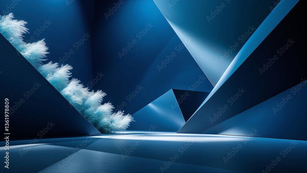 Poster modern architectural design featuring sharp angles and ambient lighting in a blue-hued space with ar