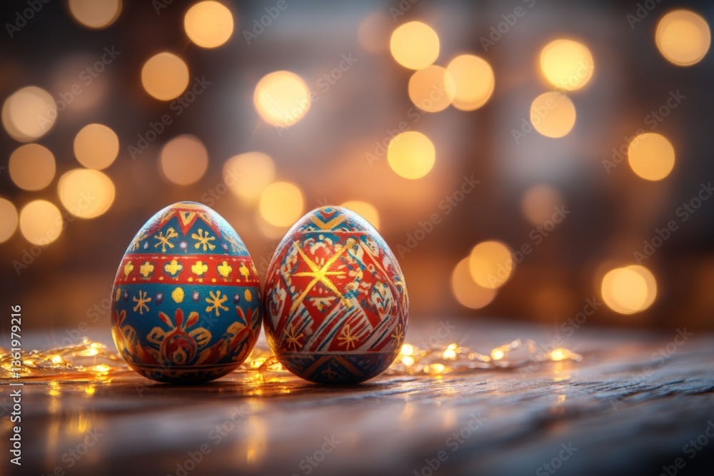 Poster colorful easter eggs illuminate a festive atmosphere with twinkling lights in a cozy setting