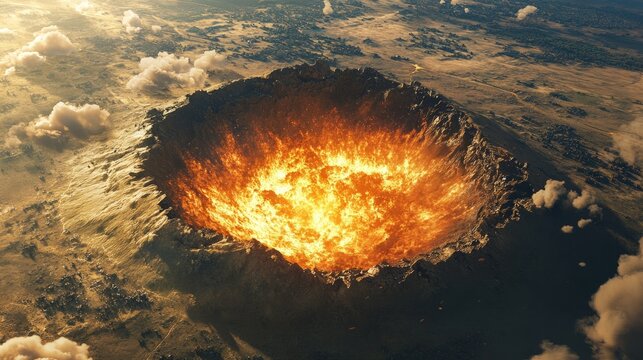 A large, fiery meteorite impacting the ground, creating a massive crater, surrounded by smoke and debris