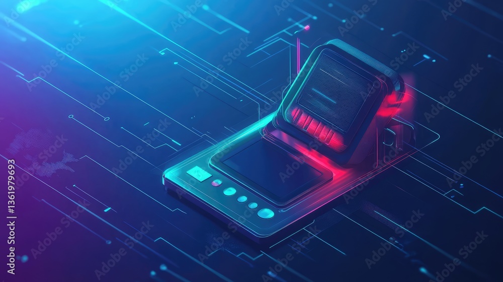 Poster futuristic handheld device glowing with neon lights against a digital backdrop of circuit patterns, 