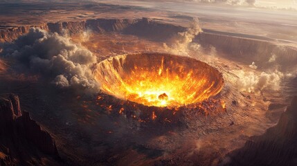 A large, fiery meteorite impacting the ground, creating a massive crater, surrounded by smoke and debris