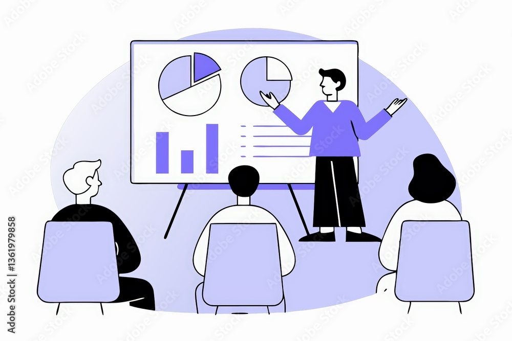 Poster a presenter explains data insights using charts and graphs while an audience observes in a minimalis