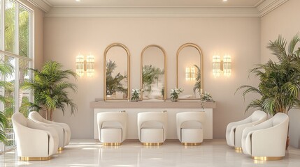 Beauty salon waiting area with elegant armchairs, gold-framed mirrors, and chic neutral tones