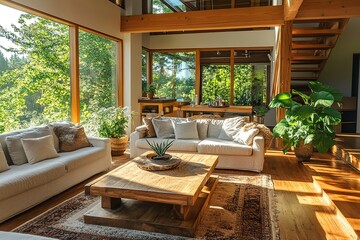Fototapeta premium Sunny modern living room, white sofas, rustic table, indoor plants, large windows, nature view