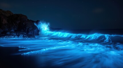 Fototapeta premium A breathtaking night seascape. crashing waves glow neon blue from Bioluminescent Algae Bloom