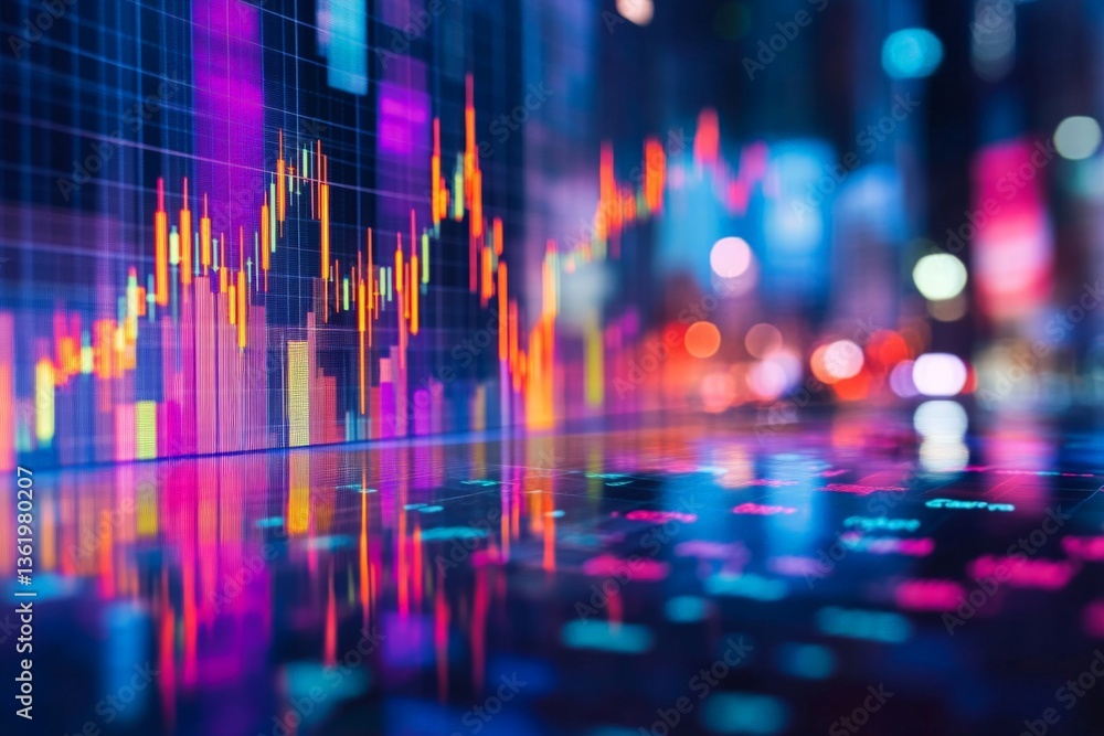 Aufkleber Colorful stock market data visualization with vibrant charts and reflections at night in a trading environment