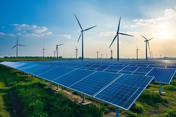 A large scale renewable energy project featuring solar panels and wind turbines harnessing sustainable power