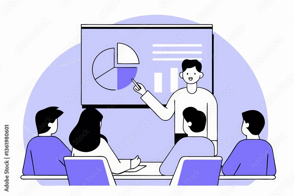 Poster a group of people in a meeting, listening to a presenter who points at a chart on a screen, illustra
