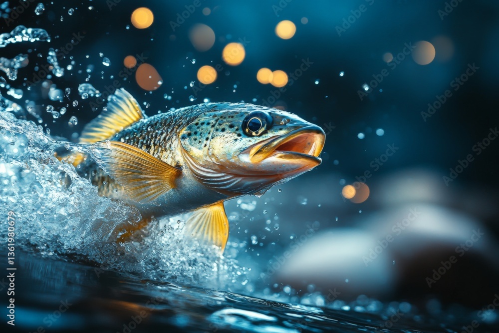 Poster brown trout jumping out of clear water with sparkling droplets on a sunny day in a river