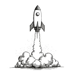 Fototapeta premium Rocket sketch launching with smoke clouds 