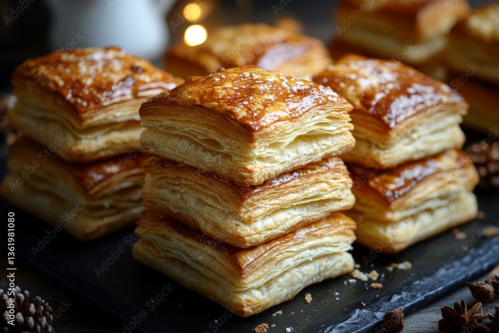 Poster flaky pastry stacks arranged on a dark serving board with warm lighting for an inviting dessert disp