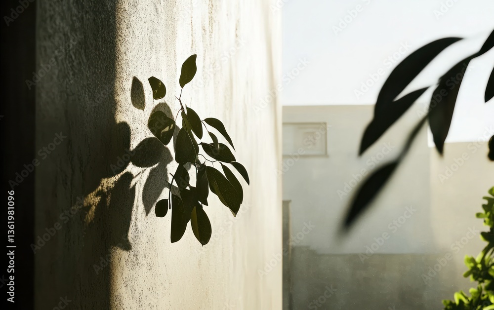 Poster shadowy leaves cast on a textured wall, creating a natural light and shadow effect. a glimpse of a b