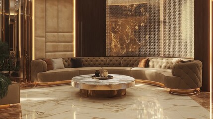 Elegant salon lounge with curved sofas, warm lighting, and a luxurious marble coffee table