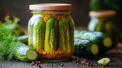 pickled cucumbers in a glass jar on a wooden table