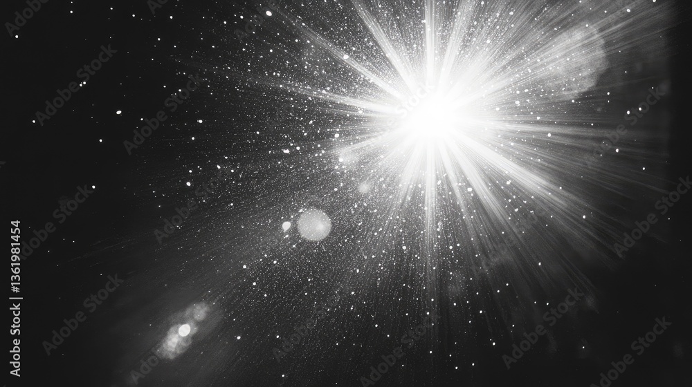 Poster a mesmerizing burst of light radiating through a dark space, creating a captivating atmosphere with 