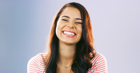 Happy, laugh and portrait of woman in studio for positive attitude, confidence and pride. Smile,...
