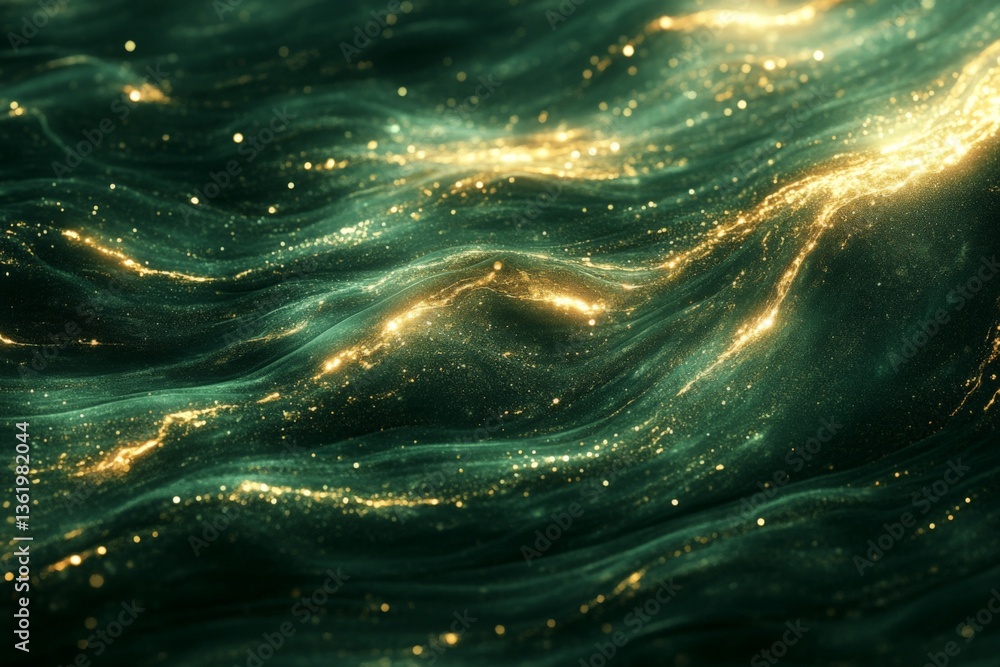 Poster Dynamic shimmering waves with golden highlights flowing through deep green depths at twilight