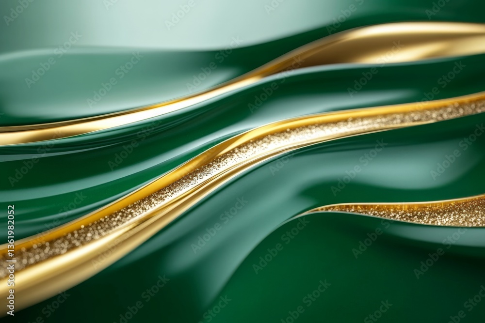 Poster elegant green and gold abstract design featuring smooth curves and sparkling accents