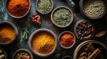 Flatlay of colorful spices in bowls on wooden background
