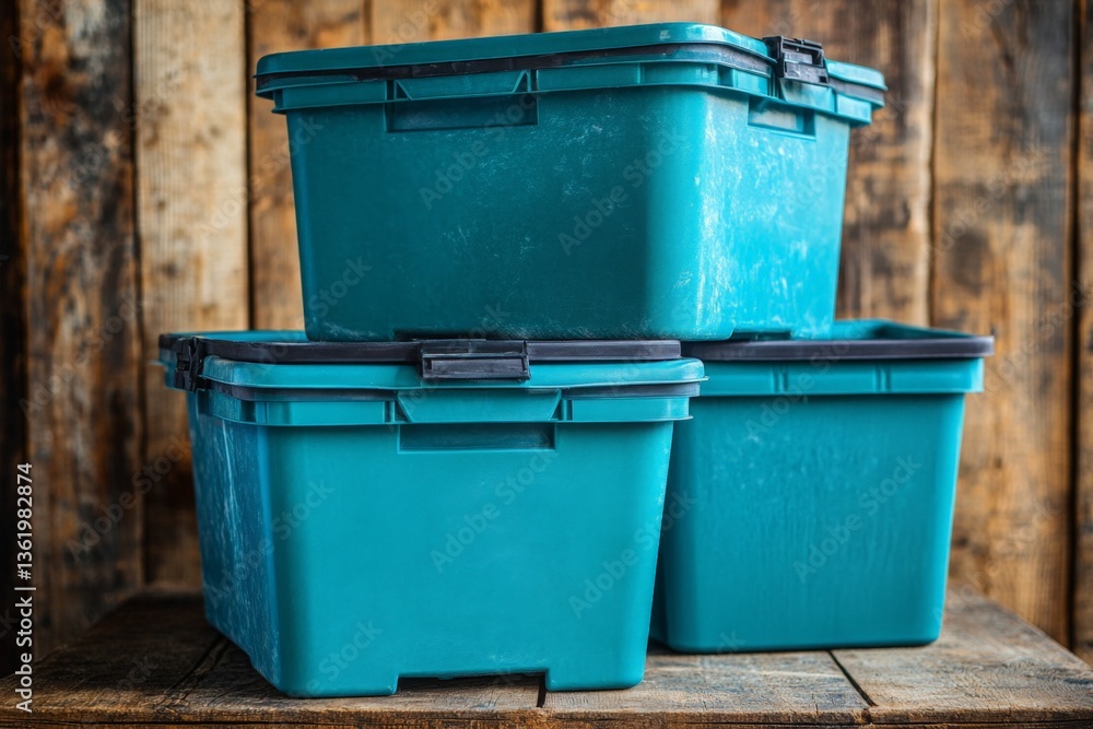 Poster storage containers are stacked on a wooden surface in a rustic setting during daylight hours