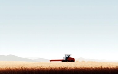 Fototapeta premium Red harvester working in a vast golden wheat field under a pale blue sky. Minimalist landscape photography with a focus on machinery and agriculture