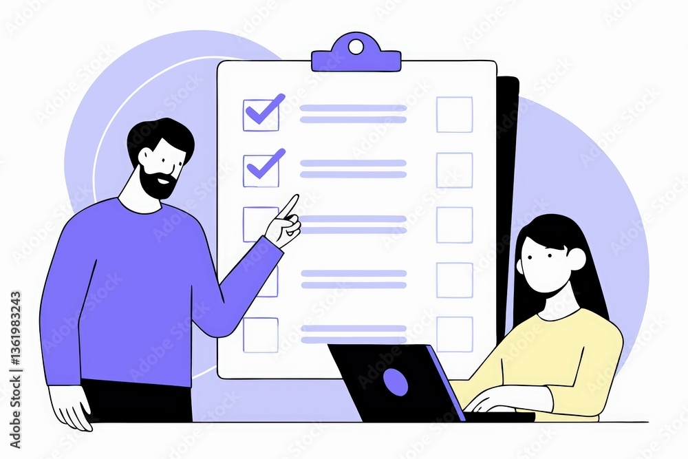 Poster an illustration of a man pointing at a checklist while a woman works on a laptop, symbolizing teamwo