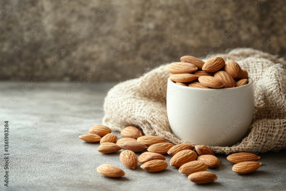Poster Bowl of almonds rests on textured surface with scattered nuts around in a cozy setting
