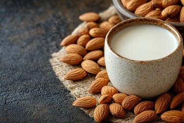 Fresh almond milk served in a rustic cup surrounded by raw almonds on a textured dark surface