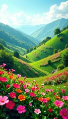 Green hills covered in vibrant floral flowers, creating a stunning landscape cut out,  colorful,  foliage