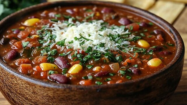 Hearty chili in wooden bowl on table with cornbread crumbs.  Possible use Food photography, stock photo