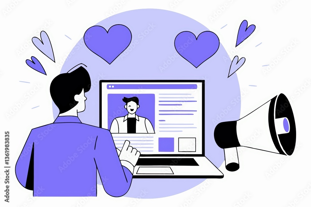 Poster a person interacts with a computer, watching content while a megaphone suggests broadcasting or shar