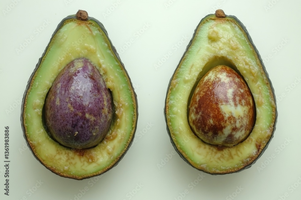 Poster unique avocados displaying different interior colors and textures on a light background