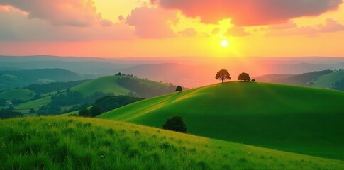 Green hills of Marche region near Ancona at sunset, with lone trees scattered across the landscape creating a dreamlike setting,  landscape,  spring