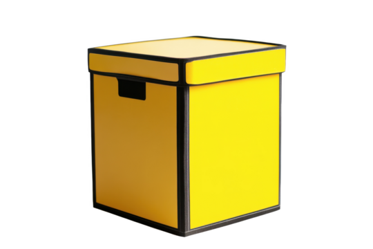 A bright yellow box with black trim and a handle sits on a gray surface in a simple studio shot setting
