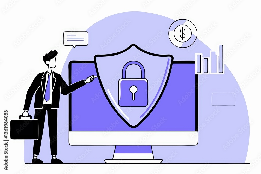 Poster a businessman pointing at a computer screen featuring a padlock symbol, representing online security