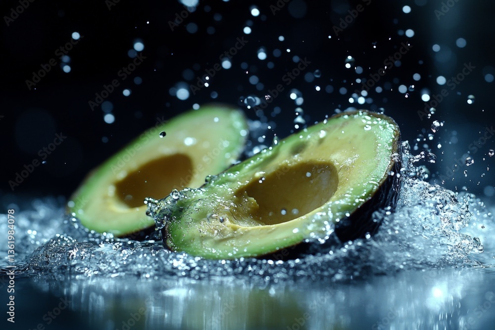 Poster splashes of water highlight ripe avocado halves in action during a refreshing summer culinary prepar
