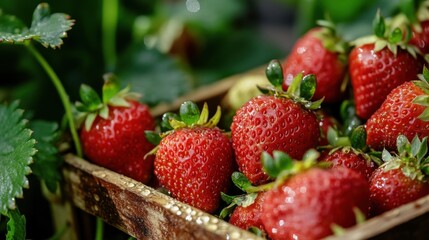 Life in the fields and countryside (agriculture, farming). Closeup of Fresh Red Strawberries in Wooden Crate