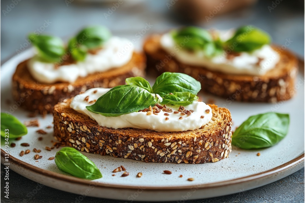 Poster delicious slices of bread topped with creamy cheese and fresh basil on a rustic plate