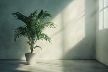 Obraz premium Palm Plant in Pot, Bright Sunlight, Minimalist Interior, Clean Lines, Home Decor, Design