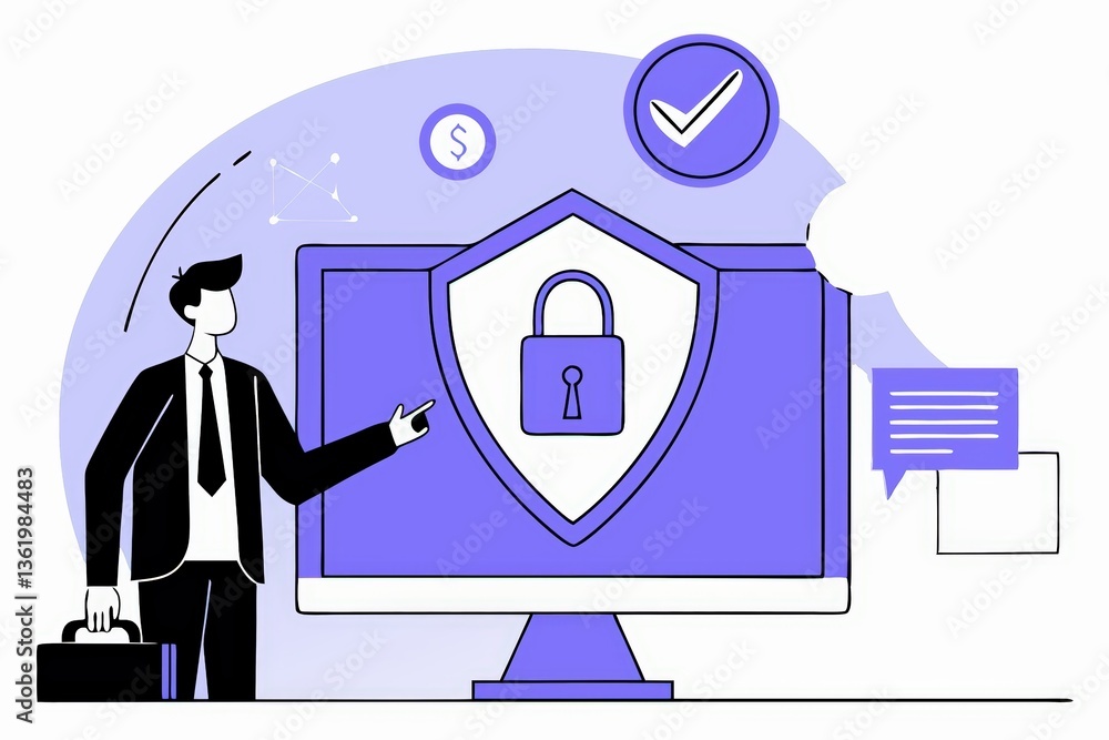 Poster a professional figure stands beside a computer displaying a locked shield, symbolizing cybersecurity