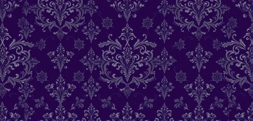 Intricate black & silver gothic damask pattern on deep purple background, wallpaper design, gothic