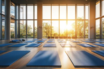Fototapeta premium Bright, Spacious Studio Filled with Blue Yoga Mats on Wood Floor, Large Windows